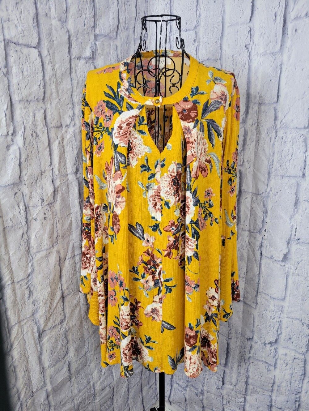 Umgee Size Large Mustard Floral Boho Mini Long Sleeve Shift Dress